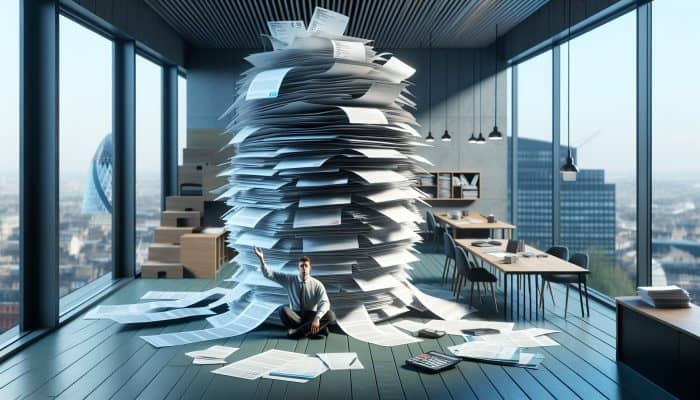 A relieved UK resident in a modern London flat, with fading credit card bills merging into a single loan document and graphs showing lower interest rates.