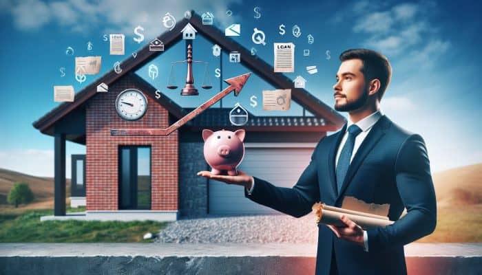 UK homeowner relieved in front of repaired brick house, holding loan document and piggy bank, with floating graphs of reduced interest rates.