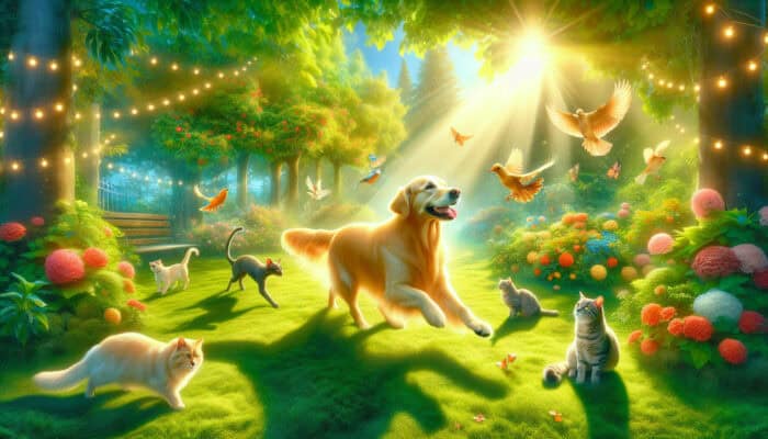 A joyful golden retriever playing fetch with its owner in a sunny park, surrounded by cats and birds amid lush greenery and vibrant flowers.