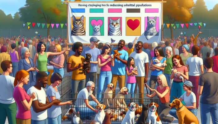 A lively pet adoption event in a community park, showcasing volunteers, eager dogs and cats, families choosing pets, and banners promoting animal welfare.