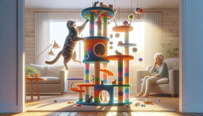 A playful cat climbs a colorful multi-level cat tree in a sunlit living room, reaching for a toy with treats as its owner watches.
