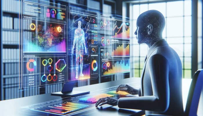 A focused human virtual assistant analyses vibrant SEO dashboards on multiple screens, showing rising graphs of rankings, keywords, and traffic.