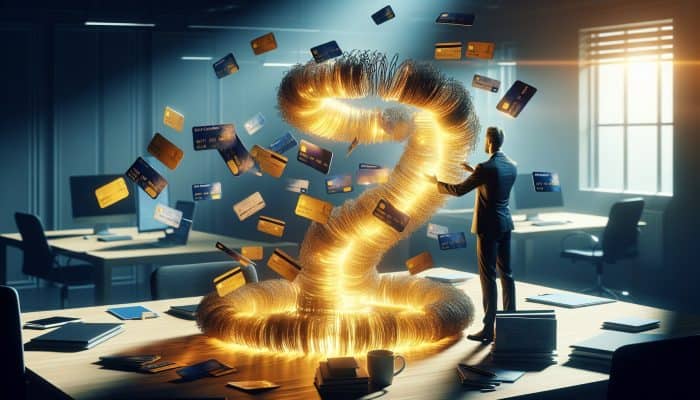 Determined individual in a modern office merging tangled debt chains into a glowing golden stream, symbolising financial relief.