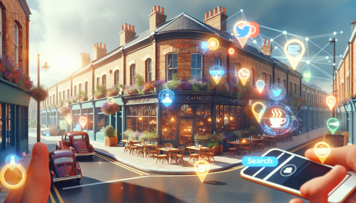 A bustling Lydney street with a charming café sign 'Best Coffee in Lydney' and floating keywords linked to smartphone search icons.