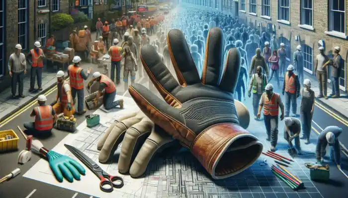 Safety Gloves in Leighton Buzzard: Workers in a bustling UK construction site wearing rugged leather and flexible nitrile safety gloves for industrial protection.