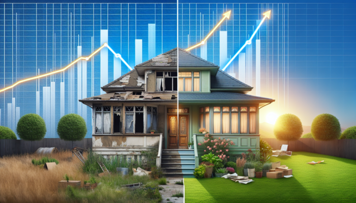 Split image of a suburban home: left shows a rundown house with peeling paint and weeds; right depicts a renovated version with modern windows, fresh landscaping, and a rising graph symbolising increased property value.