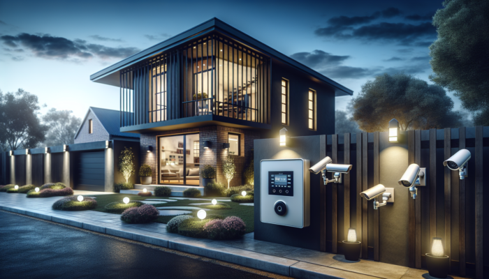 Modern Sandton home at dusk with burglar bars on windows, security cameras, glowing motion-sensor lights, and an alarm panel, highlighting safety features.
