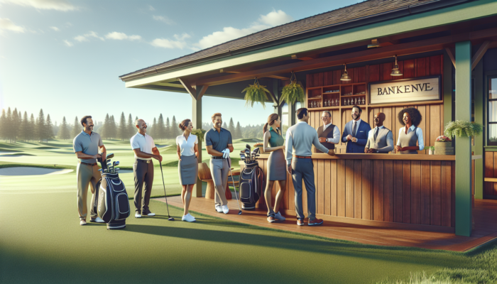 Welcoming scene: Smiling golfers in smart attire book tee times at rustic clubhouse desk and tee off on lush greens under blue sky.