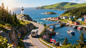 A scenic coastal road, perfect for a Canadian Maritimes driving tour, curves past a lighthouse on a rocky cliff. An RV cruises by colorful houses and boats in a harbor with two Canadian flags, surrounded by pines and green hills under a blue sky.