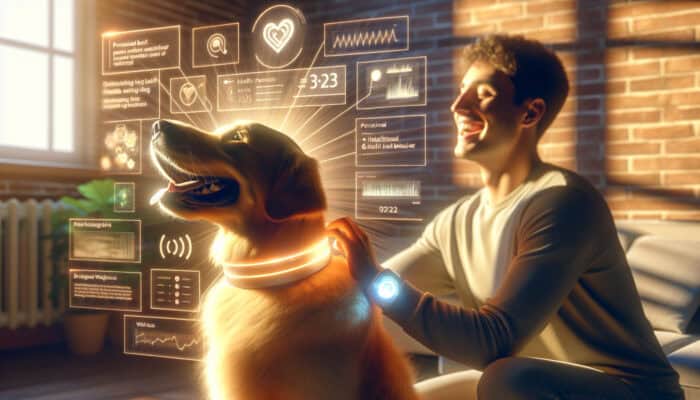 A cheerful golden retriever wearing an AI collar, with its owner smiling and petting it, as a tablet displays health data in a sunlit home.