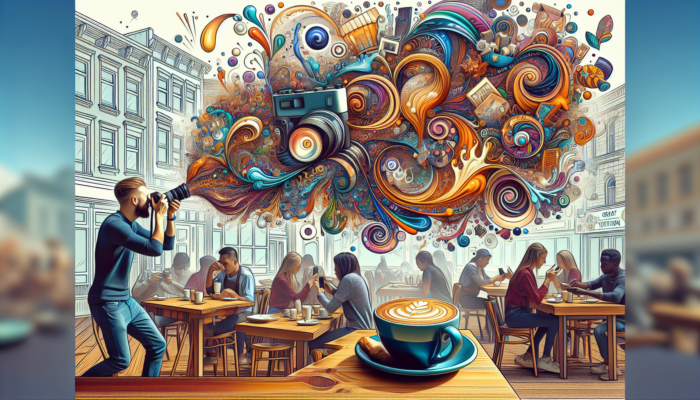 A bustling coffee shop in Great Torrington: a food influencer photographs lattes and pastries, with floating social media icons symbolising brand growth.