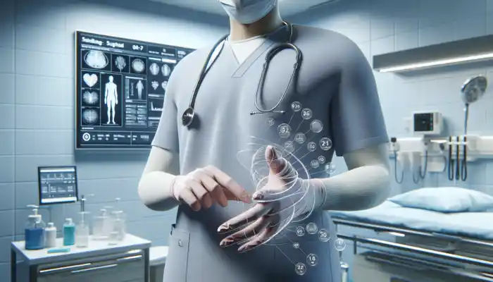 A UK healthcare professional in a sterile environment wearing well-fitted disposable gloves, executing a precise procedure with improved dexterity and contamination protection as per HSE guidelines.