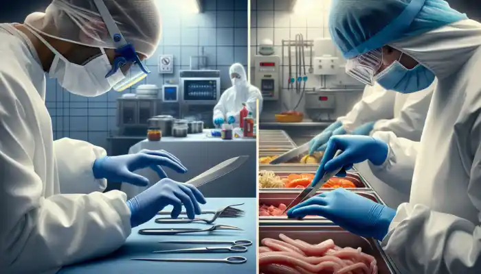 In a sterile UK environment, a healthcare worker dons blue nitrile gloves, skillfully handling sharp tools and chemicals, contrasted with vinyl gloves for food preparation tasks.