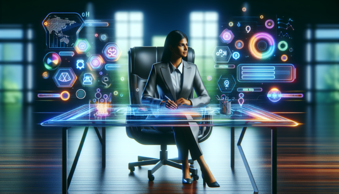 Digital marketer at a sleek desk optimising a glowing website with holographic keywords, meta tags, and analytics graphs.