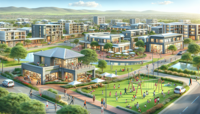 A modern house in a vibrant Rustenburg neighborhood near a shopping center, school, and park, with families strolling and children playing under a sunny sky.