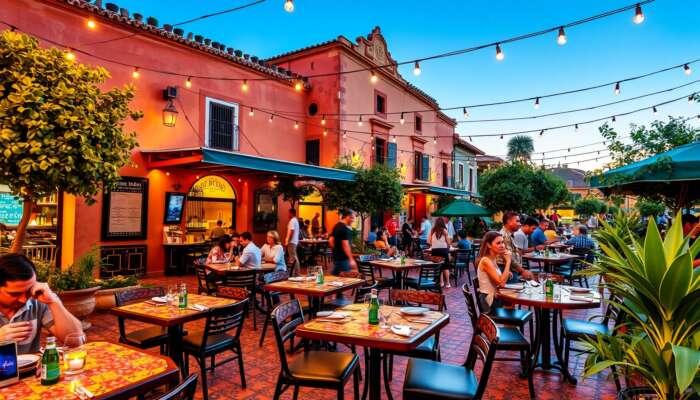 Vibrant outdoor dining scene in San Miguel de Allende, featuring colonial architecture, colourful tiled tables, and string lights with fusion Mexican cuisine.
