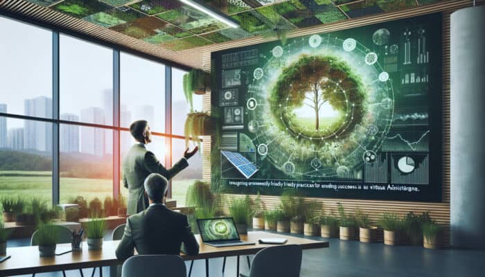 An expert in a modern eco-friendly office, surrounded by plants and solar-powered laptops, presents sustainable practices for VA careers on screen.