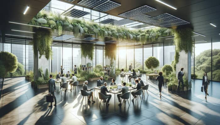 Diverse professionals collaborating in a modern office filled with lush plants, solar panels, and abundant natural light, symbolising enhanced productivity and job satisfaction.