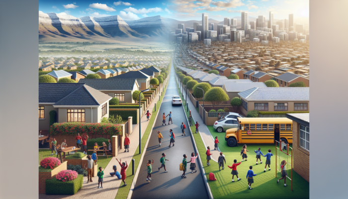 In Randburg, a contrasting street scene features a well-maintained school with smiling students and upscale homes alongside a rundown school and neglected houses.