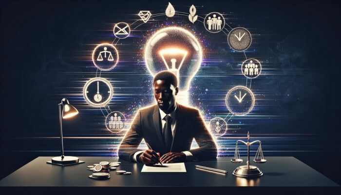 A content strategist at a modern desk surrounded by symbols of audience, quality, timeliness, creativity, and ethics in a digital workspace.