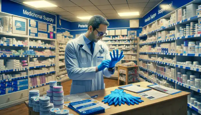 A professional consultant examines shiny blue latex gauntlet gloves in a bustling medical supply shop, surrounded by protective gear and brochures.
