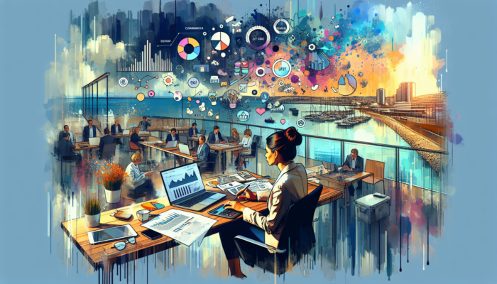 A focused small business owner in a modern Poole office analyses e-commerce metrics on a laptop, surrounded by vibrant graphs of website traffic and engagement.