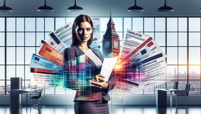 How Debt Consolidation Affects Renting a Home | DCL A determined person in a modern UK office signs a debt consolidation loan amid scattered bills, with Big Ben visible.