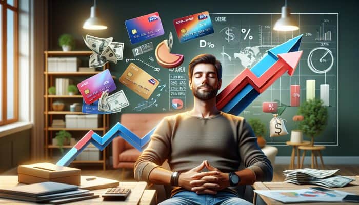 Debt Consolidation for Store Card Balances: Key Tips | DCL UK person in cozy office consolidates colourful store cards into loan; graphs show rates dropping from 25% to 10%, symbolising financial freedom.