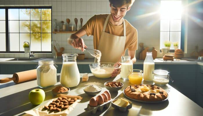 A sunlit kitchen counter with almond flour, plant-based milk, and applesauce for gluten-free baking, as a smiling baker mixes a vibrant dessert.