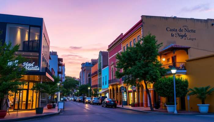 Vibrant dusk scene in San Miguel de Allende: modern boutique hotel, cozy guesthouse, and simple hostel among colourful buildings.