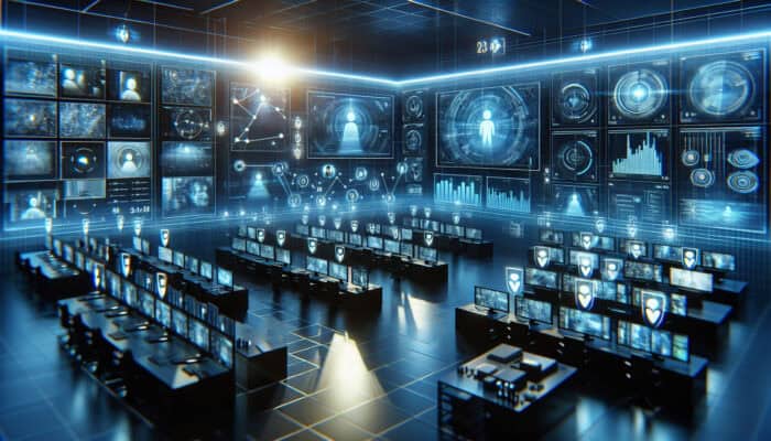 A high-tech surveillance room with screens displaying real-time AI detection of faces and objects via glowing data streams in a dimly lit blue environment.