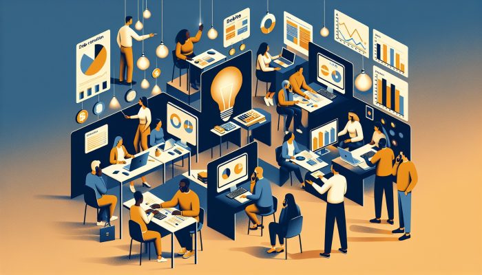 A bustling UK advice center for National Debtline, with diverse people receiving debt guidance via phones, computers, and face-to-face sessions, using charts and light bulbs for financial clarity and hope.