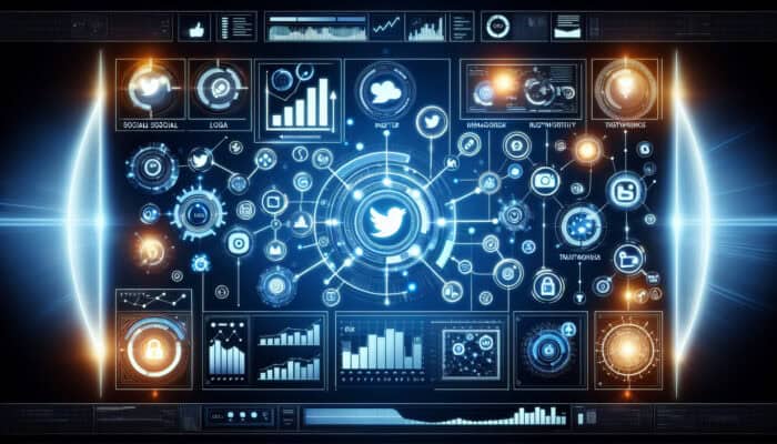A sleek digital dashboard displaying real-time social media analytics with Twitter and Instagram icons, ROI graphs, a glowing clock, and verified badges.