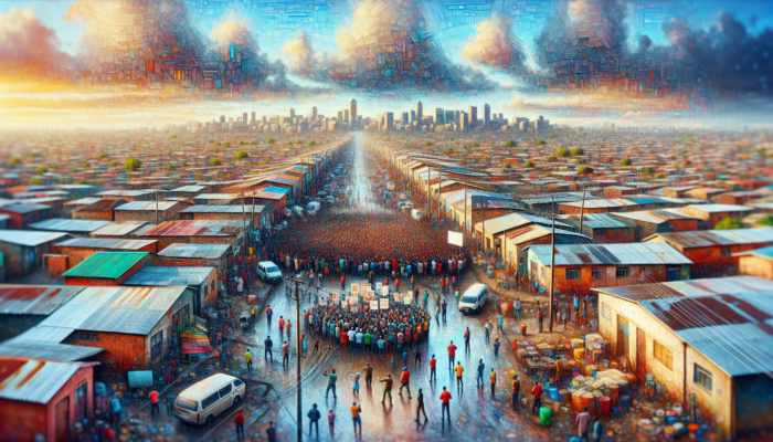 Bustling Lephalale neighbourhood with overcrowded streets, cracked roads, and diverse residents rallying for affordable housing under a vibrant sky.