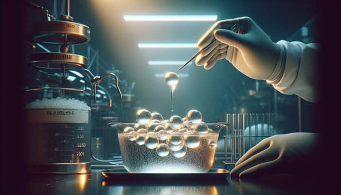 A gloved hand drips sodium alginate mixture into a bubbling calcium lactate bath, forming glistening translucent spheres in a modern kitchen lab.