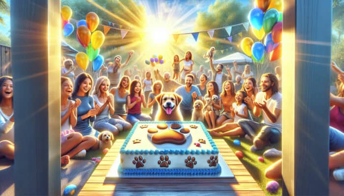 A joyful family and friends celebrate a dog's adoption anniversary in a sunny backyard with a paw-shaped cake, balloons, and hugs.