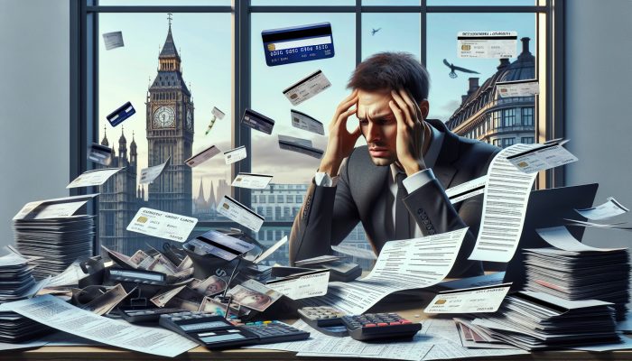 Debt Consolidation After Redundancy Or Job Loss | DCL Stressed UK individual in London office merges scattered credit cards and bills into one loan, expression turning to relief with Big Ben visible.