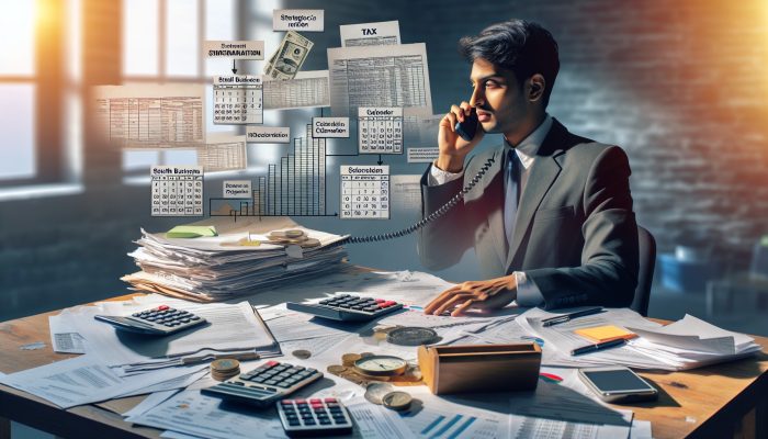 A determined UK small business owner reviews HMRC tax documents at a cluttered desk, negotiating on the phone amid calculators and financial charts.