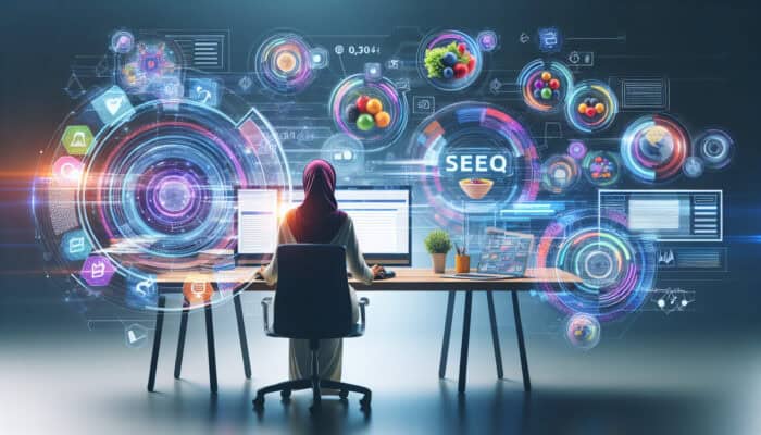 A diligent analyst at a modern desk, surrounded by floating holographic keywords, reviewing SEO graphs across multiple screens.