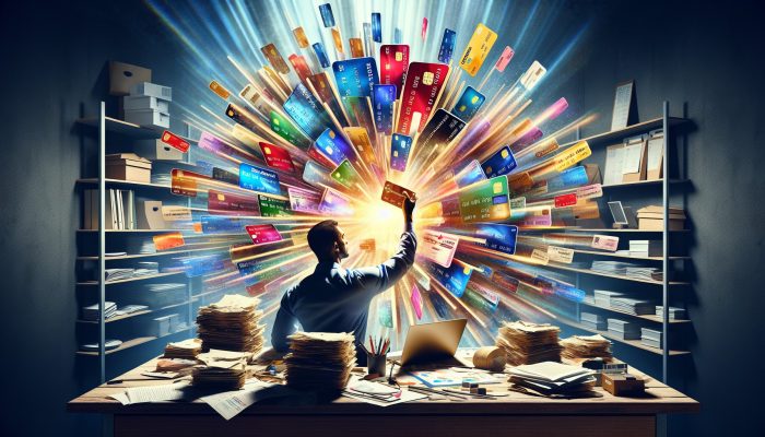 can i consolidate buy now pay later debts?: Expert Tips | DCL A determined person at a cluttered desk merges colorful debt cards and bills into a glowing ledger, with sunlight evoking hope and empowerment.