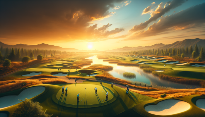 Aerial view of Zebula Golf Course at golden hour, showing manicured fairways, water hazards, golfers playing, staff maintaining grounds, and dramatic sunset sky.