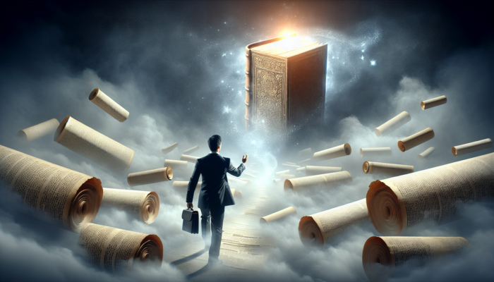 A business professional navigates a foggy path strewn with oversized generic content scrolls, reaching for a glowing authentic storybook on a pedestal.