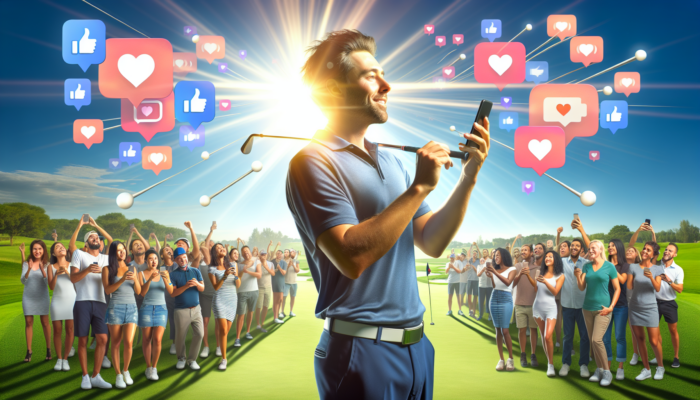 A charismatic golf influencer on a sunlit fairway, engaging a diverse crowd via smartphone, surrounded by floating social media icons under a blue sky.
