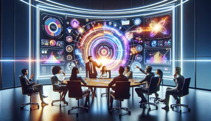 Professionals in smart attire discussing infographic videos in a modern conference room, surrounded by glowing screens displaying animated charts and vibrant visuals.