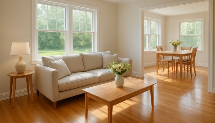 Immaculate Somerton home interior showcasing gleaming wooden floors, neatly arranged furniture, and fresh flowers.