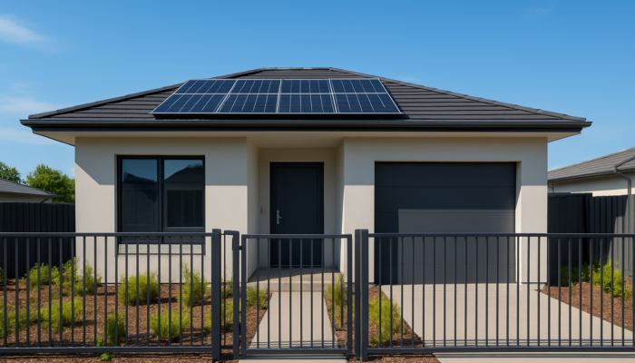 Modern home in Springs featuring solar panels, secure fencing, and contemporary design in a sunny suburb.