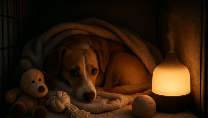 Anxious dog curled up in a cosy crate with blankets, toys, and a calming night lamp.