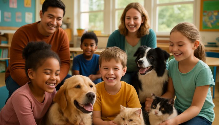 Students and teachers interacting with therapy dogs and cats in a vibrant classroom for emotional support.