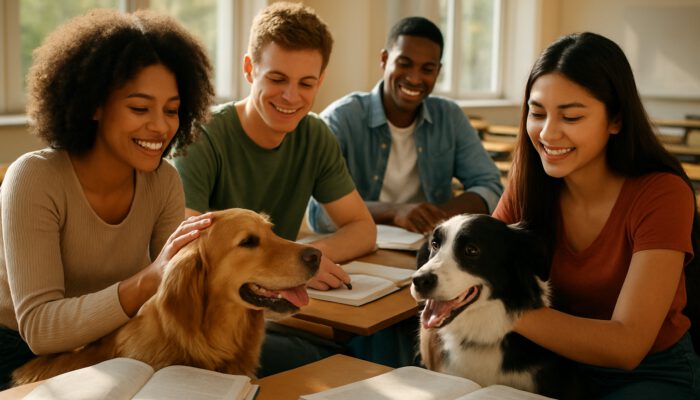 Students joyfully engaging with therapy dogs while studying in a bright classroom.