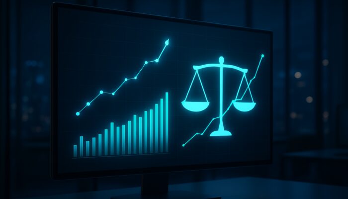 A modern financial dashboard displaying the Calmar Ratio, stock performance trends, and a risk-return balance in a contemporary office.